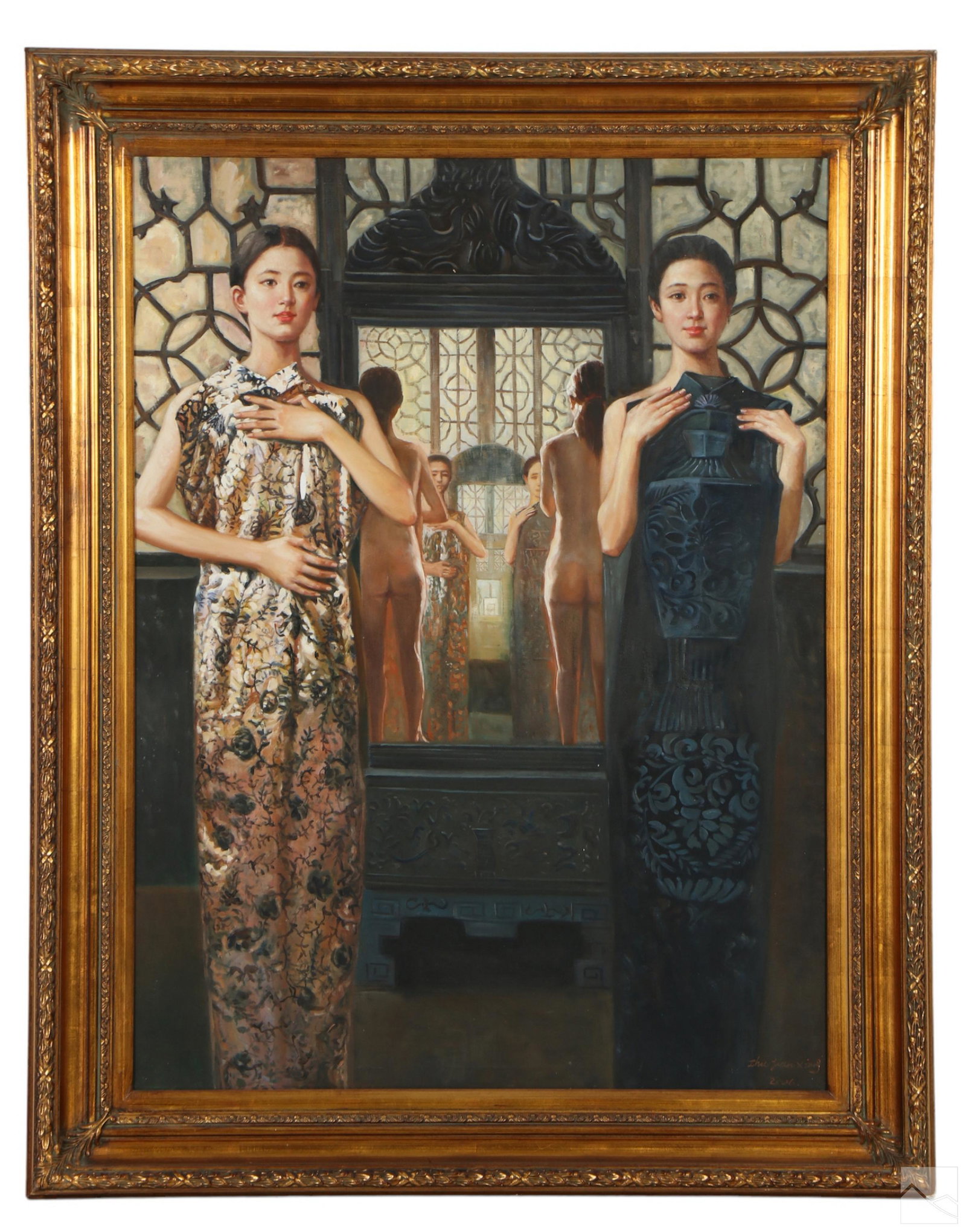 Dual Chinese Figural Portrait Oil Painting SIGNED: Mystery Artist (Chinese, 20th Century) Hand painted oil painting on canvas. A photo realistic work depicting two female figures with dresses, reflecting their nude forms from behind in the mirror. Art