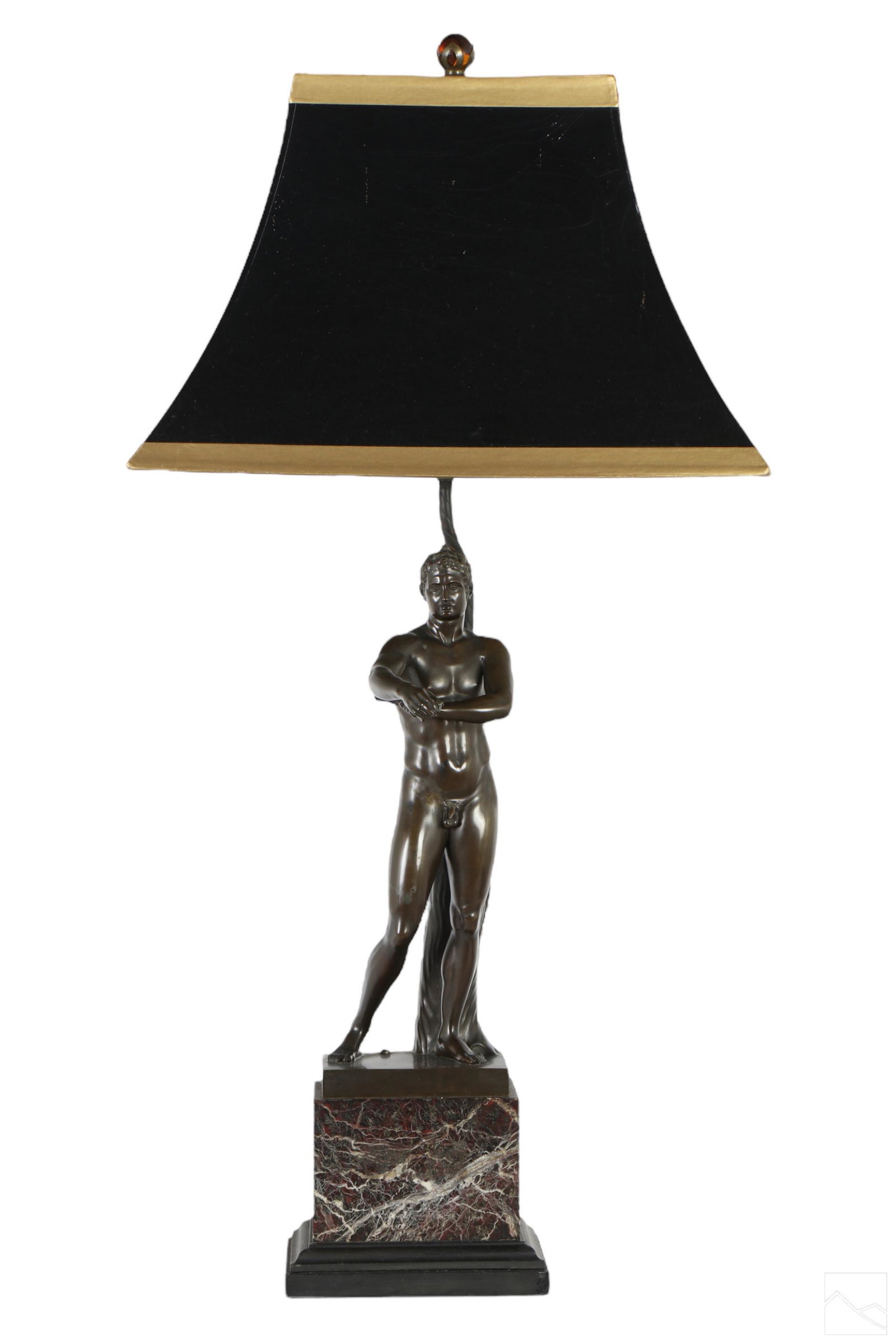 Bronze Art Deco Classical Revival Nude Figure Lamp: A bronze Art Deco lamp. A Moderne style Neoclassical work depicting a nude male David or similar figure of Classical Antiquity, surmounted by single socket light fixture and rectangular fabric shade. 