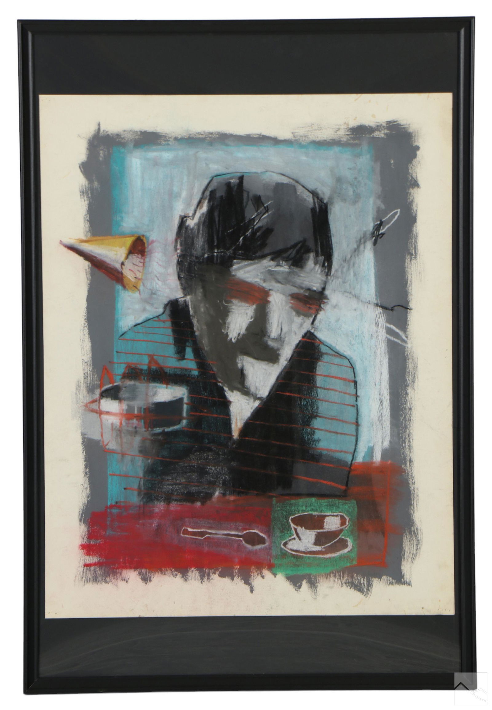 Sam Perry b.1963 Urban Outsider Folk Art Painting: Sam Perry (American, born 1963). An original mixed media painting on canvas. Oil, pastel, and other elements. Urban outsider folk art depicting an abstract figure with coffee cup and saucer, spoon, an