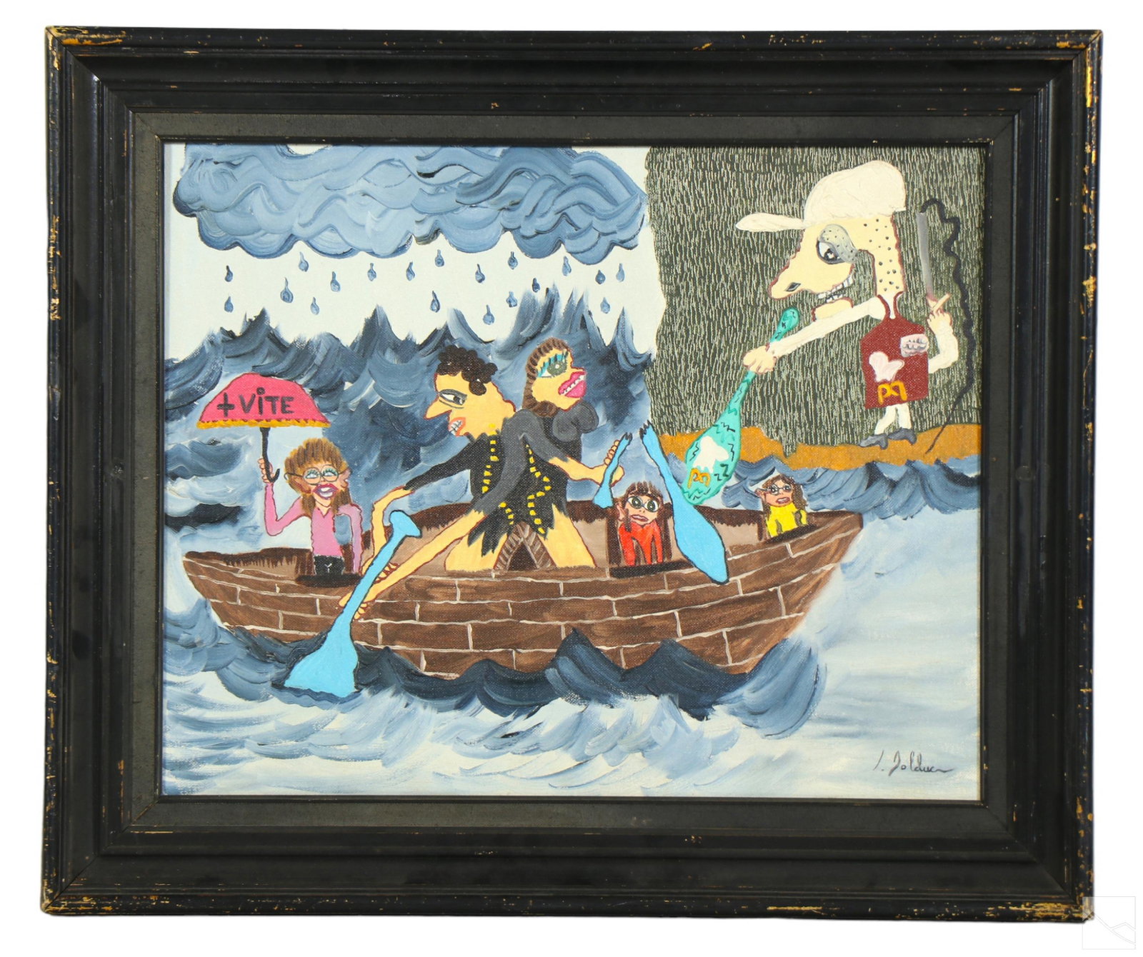 Claude Bolduc b.1955 Outsider Art Figural Painting: Claude Bolduc (Canadian, born 1955). An original acrylic painting on canvas board. Titled, "V'La Une Nouvelle Rame" ("Here Comes a New Oar"). An abstract figural work depicting figures and a rowboat. 