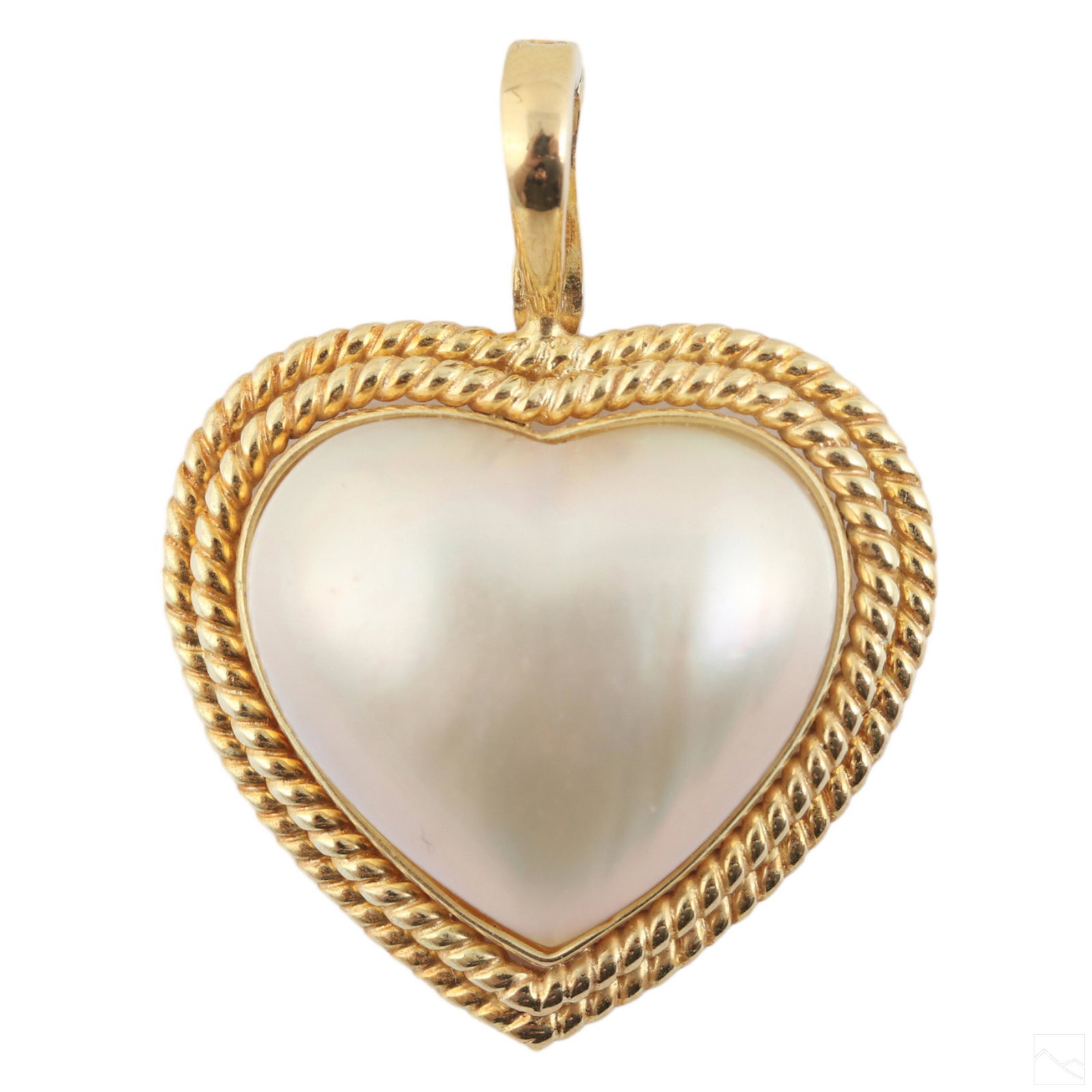 14K Gold Ladies Designer Mabe Pearl Heart Pendant: An elegant ladies 14k yellow gold pendant with bezel set heart shaped mabe pearl. Measures 30mm x 23mm. Hinged bale measures 6mm. Stamped with makers mark and 14K. Total approximate weight 4.75 grams.