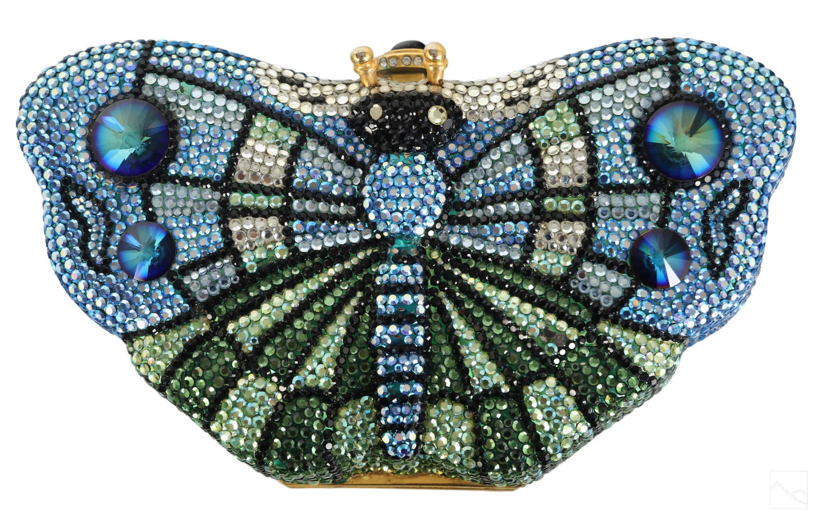 Kathrine Baumann Designer Beaded Butterfly Handbag: A limited edition designer Pop Art butterfly or dragonfly hand clutch bag purse by Kathrine Baumann Beverly Hills. Fully beaded exterior with push button closure, and cabochon and beaded clasp. Beaded