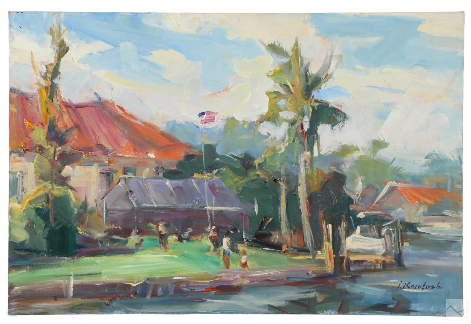 Ihor Korotash b.1957 Florida Landscape Painting: Ihor (Igor) Korotash (Ukrainian American, born 1957). An original post impressionist oil painting on canvas. A colorful impasto Florida Gold Coast Intracoastal Waterway landscape with a large house an