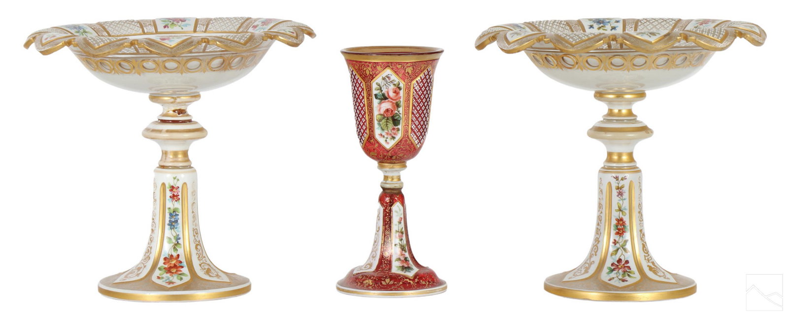 Bohemian Antique Art Glass Goblet and Compotes 3pc (1 of 8)