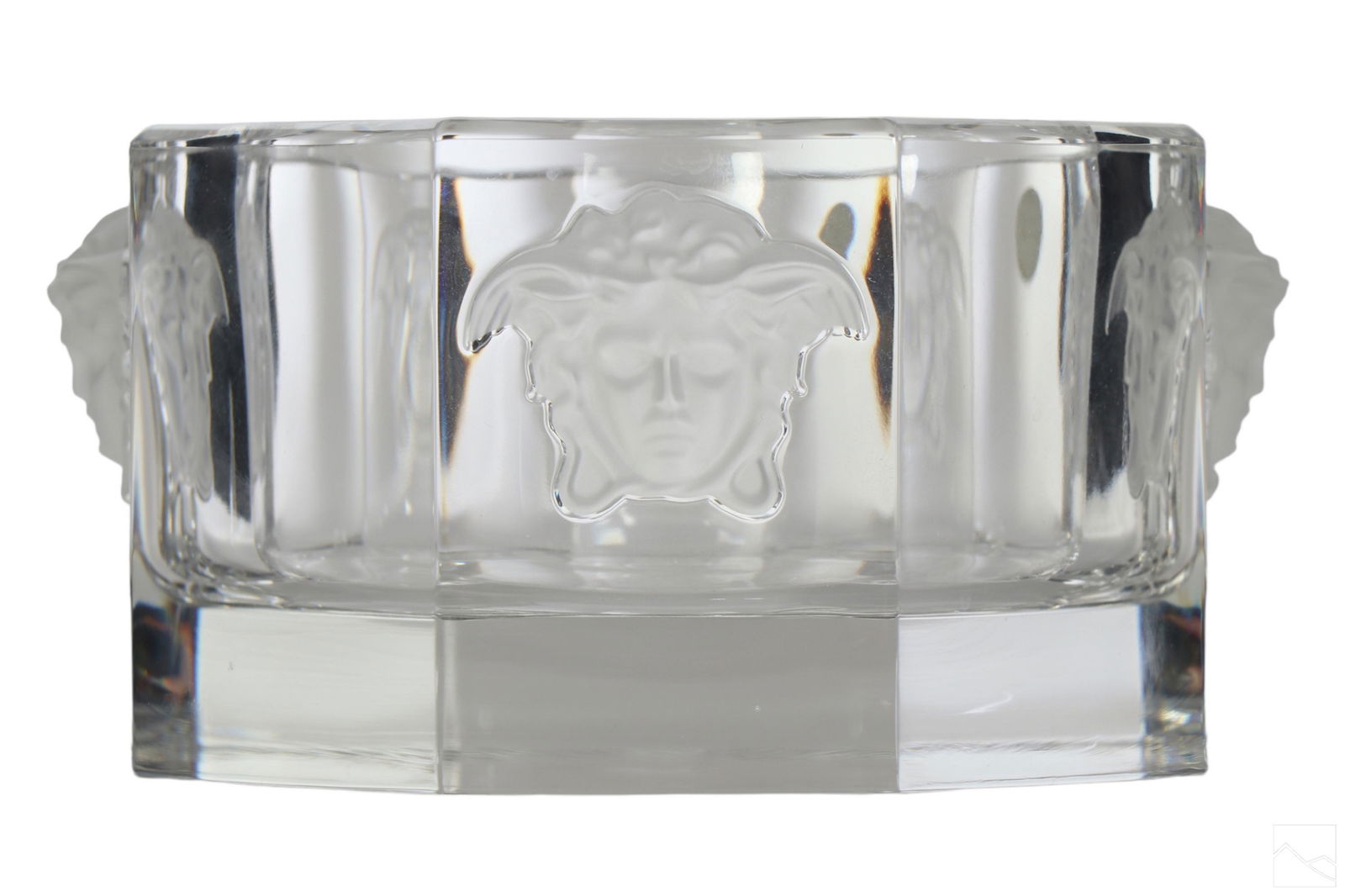Versace by Rosenthal Crystal Medusa Wine Coaster: A Rosenthal German art glass crystal fitted wine or champagne bottle coaster, produced as part of the elegant and Neoclassical inspired Medusa Lumiere collection, designed by Versace. Octagonal form w