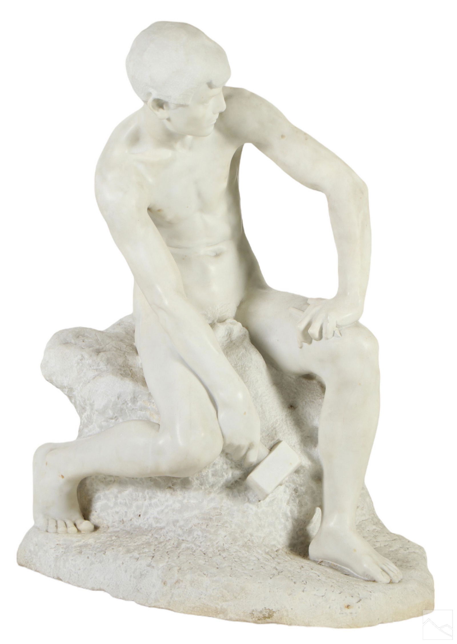 Pietro Bazzanti School Italian Nude Marble Statue: An antique Italian marble sculpture, attributed to the workshop (school) of Pietro Bazzanti and Son. A large figural work depicting a nude male seated on a landscape form, holding a sledge hammer. Inc