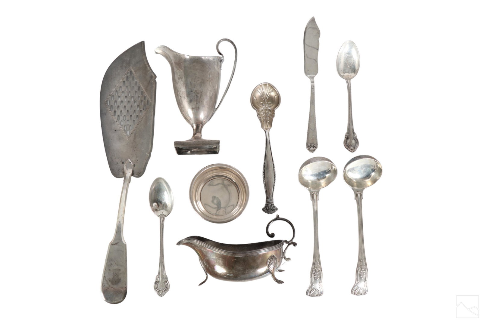 English Sterling Silver Table Servers 10pc. 580g.: A 10 piece group of English and French sterling silver table serving pieces. Includes: one (1) small antique Victorian pitcher dated 1869 by Frederick Elkington (London, England), marked on foot; one