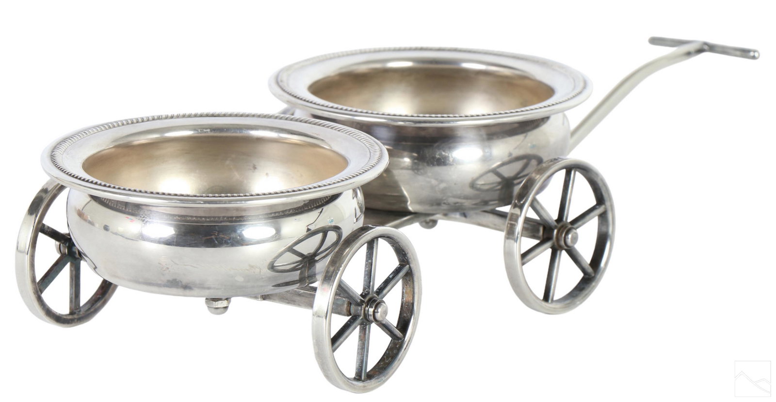 F.B. Rogers Silverplated Double Wine Wagon Caddy: A vintage early to mid 20th Century silver plated wine bottle cart caddy, manufactured by F.B. Rogers Silver Co. (Massachusetts). Modeled as a wagon with working wheels and hinged frame allowing the f