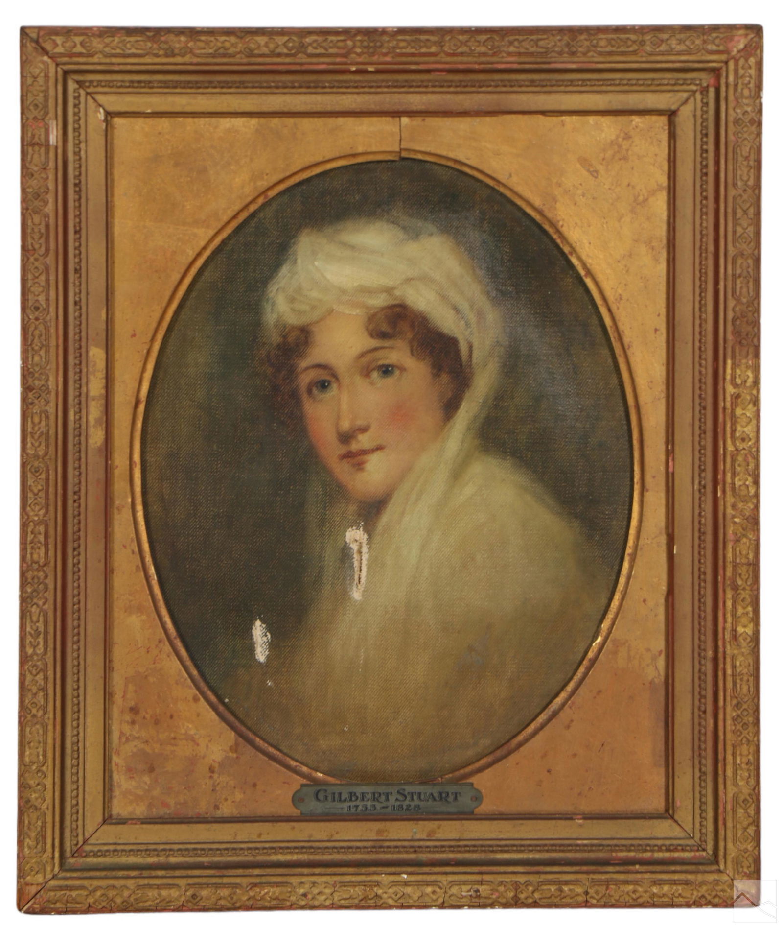19C Portrait Oil Painting Manner of Gilbert Stuart: A 19th Century oil painting on canvas in the manner of Gilbert Charles Stuart (American, 1755-1828). A figural portrait painted in the style of the early American School, depicting a smiling female fi