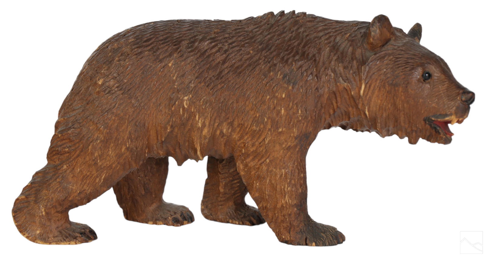 19C German Black Forest Carved Wood Bear Sculpture: An antique 19th Century German Black Forest carved wood statue. An animal wildlife work modeled as a stalking bear. Exemplary carved details with Realistic fur and glass eyes. Carved artist mark to un