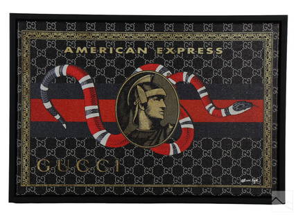 Oliver Gal American Express Gucci w/ Snake SIGNED: Oliver Gal (American, 21st Century) Pop Art "American Express" and Gucci Snake giclee print on canvas. The work features a bold and vibrant design that prominently displays the American Express black