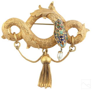 French 19th C Enamel 14K Gold Serpent Snake Brooch: An antique Victorian 19th century French 14k gold snake pin. Featured elaborate chased gold finish, in a twisted design, with colorful enamel accented head, a single cultured pearl charm tongue, with