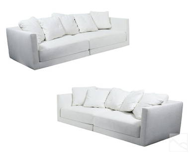 Italian Pair of Designer Modern White Sofa Couches: A quality high end matched pair of contemporary Italian designer sofa couches, for home or office. A Modernist design produced in the style of Modani and B&B italia. Off white texture upholstery with