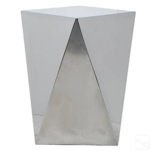 Designer Geometric Chrome Table Manner of Brueton: A designer Postmodern geometric polished chrome table produced circa 1980s in the style of Brueton. Octagonal form body with eight polygonal sides and square top. No apparent signature. Dimensions: