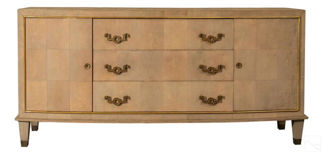 Art Deco Shagreen Credenza Manner of Jacques Adnet: French Art Deco style sideboard credenza cabinet beautifully designed with a shagreen veneer on an oak frame. Featuring gilt wood and bronze hardware. Its gently curved front and boasts three center