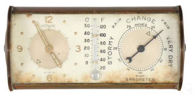 LeCoultre Art Deco Brass Swiss Clock & Barometer: A combination LeCoultre French barometer and Swiss movement table clock. The rectangular decagonal 10-sided brass case is topped with a convex glass panel, providing a clear view of the intricate