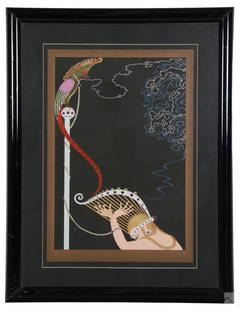 Erte 1892-1990 Enchanted Melody Serigraph SIGNED: Erte (Romain de Tirtoff) (Russian French, 1892-1990). A limited edition serigraph on paper. Titled, "Enchanted Melody," produced 1985. A n Art Deco style work depicting a harpist figure, with parrot