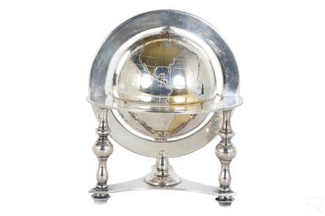 Bulgari Sterling Silver & Vermeil Table Globe 805g: A Bulgari Italian sterling silver table globe sculpture. Classical style design with spinning world map globe set within a round tri legged ring stand. Map continents finished in gold vermeil, and