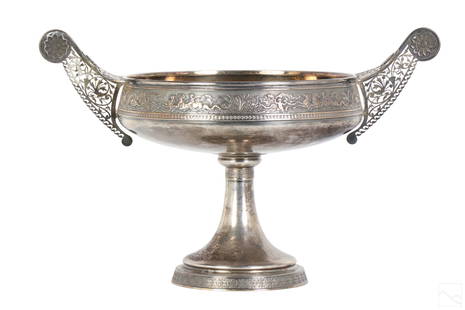 Gorham Victorian Sterling Silver Tazza Dish 1410g.: An antique 19th century Victorian winged handle sterling silver tazza by Gorham Silver Co. Center bowl embossed around perimeter of gallery with putti, marine sea creatures, horses, and foliate