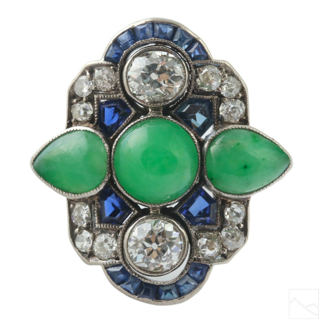 18K Gold Art Deco Diamond Green Jade Sapphire Ring (1 of 6)