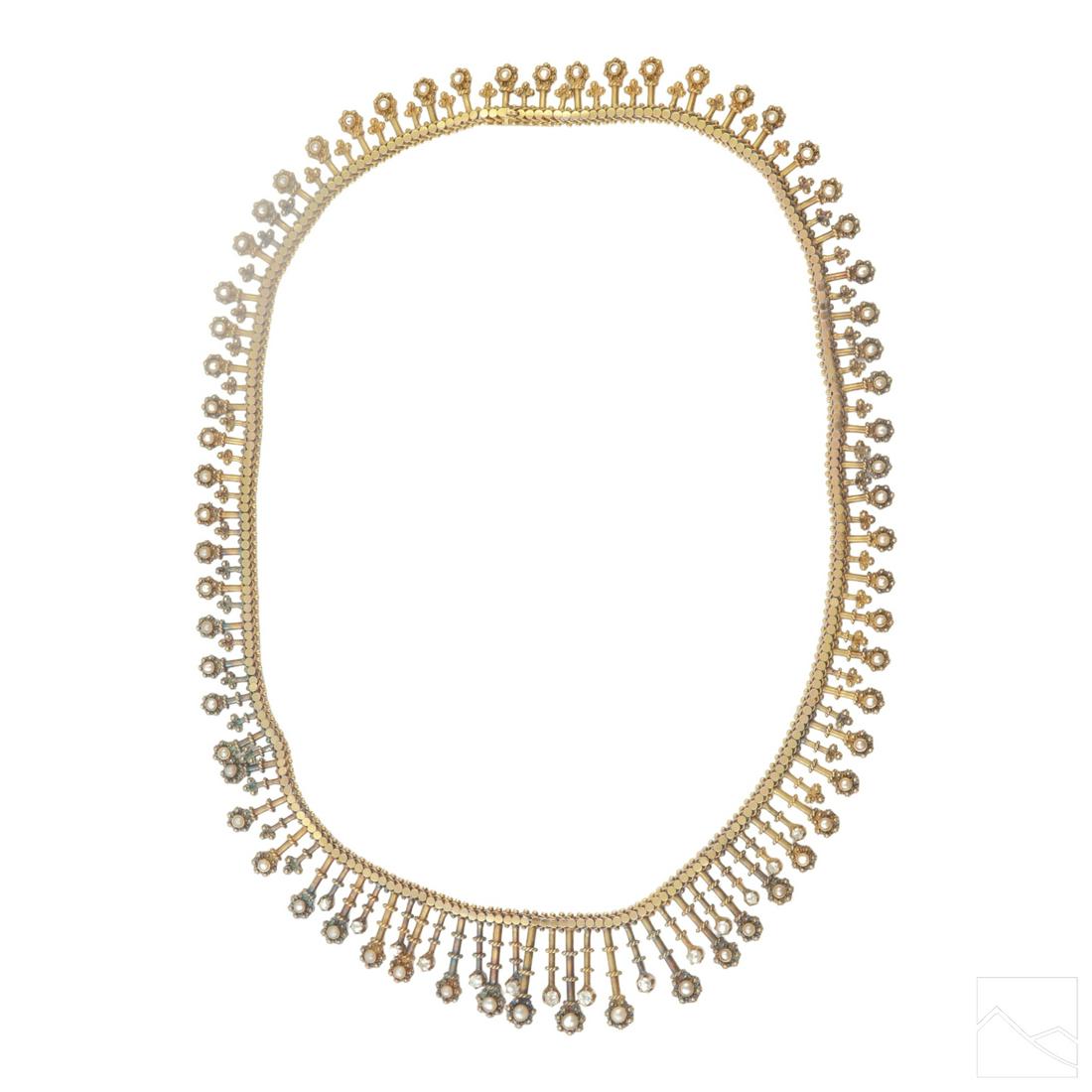 18K Gold Etruscan Revival Diamond & Pearl Necklace (1 of 4)