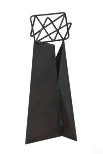 Modern Abstract Bronze Sculpture Manner Betty Gold: A bronze statue in the style of Betty Gold (American, born 1935). A Modernist patinated bronze abstract work with star shaped cage to summit. Body formed from two opposing triangles. No apparent