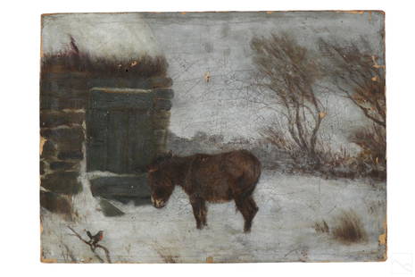 William Henderson 1844-1904 Farm Life Oil Painting: William Henderson (English, 1844-1904). An original antique oil painting on canvas. Titled, "Outcast." A Victorian farm life work depicting donkey and bird forms outside a farmhouse building, with tre