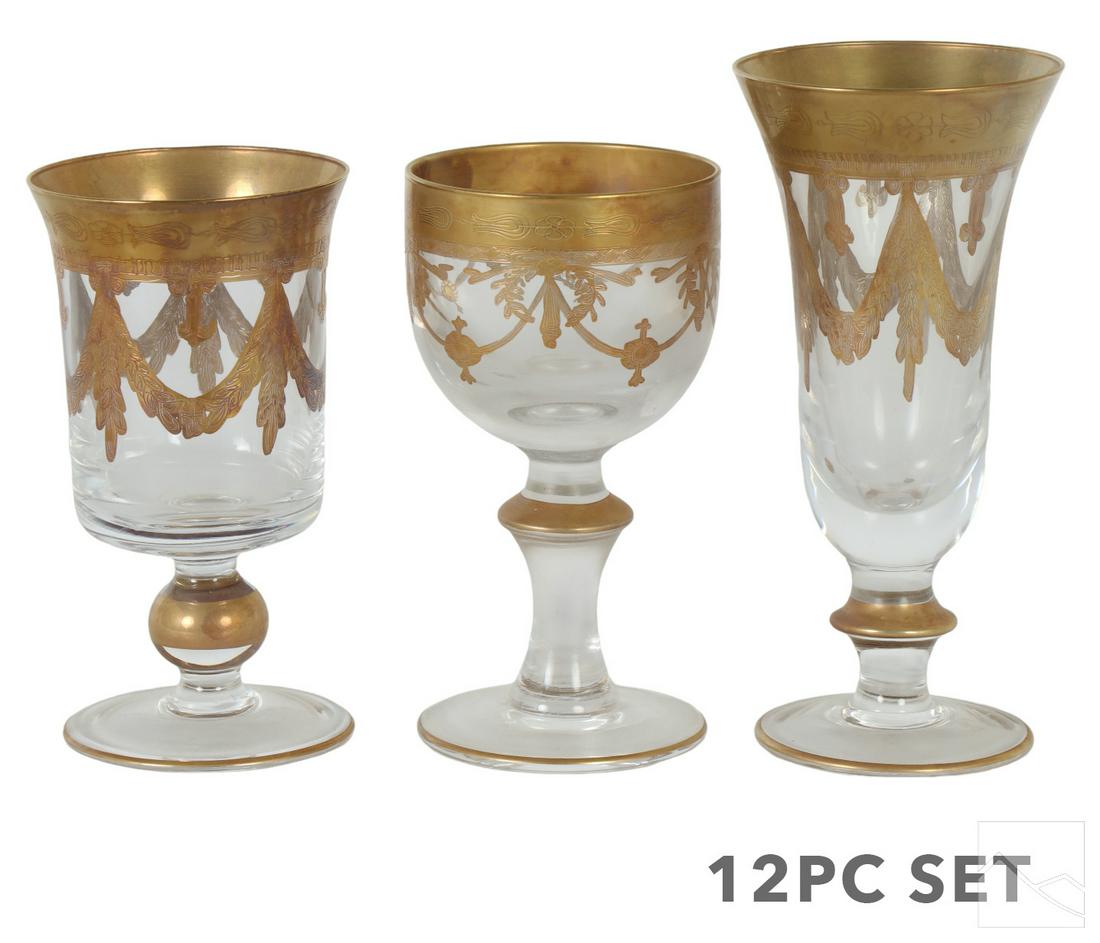 Arte Italica Crystal Medici Gold Drinkware 12p SET: A set of 12 Arte Italica Italian crystal goblets in the Medici Gold pattern. Includes: four (4) fluted champagne glasses (7.5 x 3.5" x .10"); four (4) water or wine goblets (6.5" x 3.5" x .10"); and f