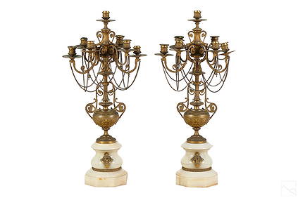 French 19C. Antique Dore Bronze Marble Candelabras (1 of 8)