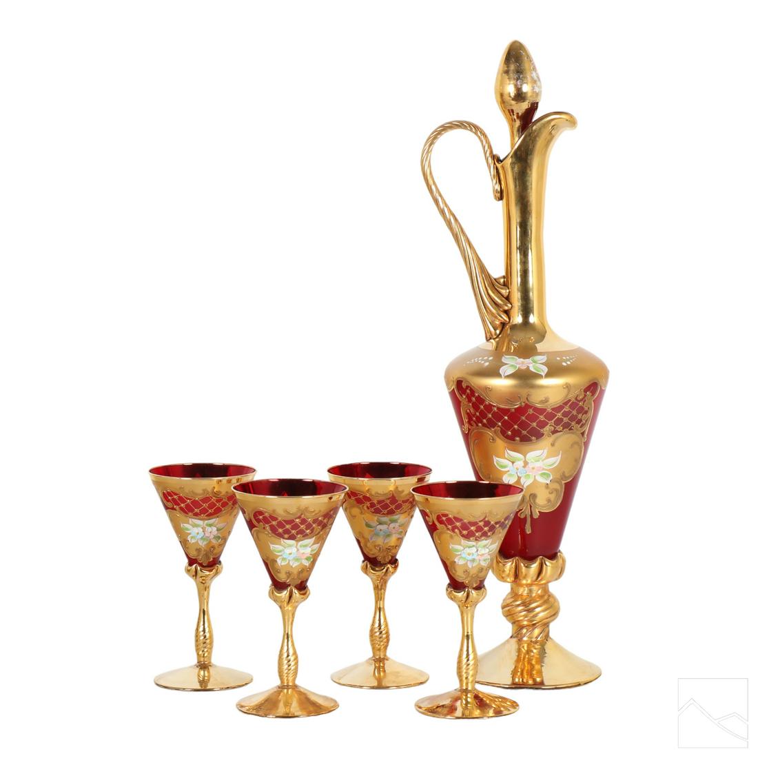 Bohemian Ruby Red Glass Pitcher & Stemware 5pc SET (1 of 6)