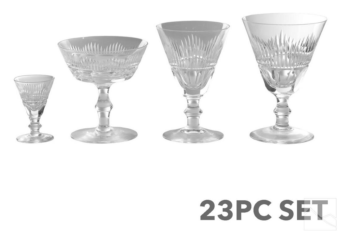 Waterford Irish Crystal Mourne Stemware 23pc SET: A 23 piece set of Waterford Irish crystal stemware in the Mourne pattern. Includes: four (4) liquor cocktail glasses; four (4) claret wine glasses; seven (7) water goblets; and eight (8) cordial glass