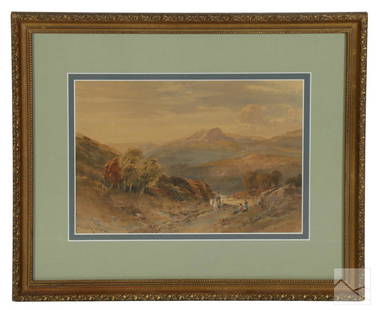 William L. Leitch 19C. Figural Landscape Painting: William Leighton Leitch (Scottish, 1804–1883). An original watercolor painting on paper. A sweeping figural landscape with mountains, trees, figures, and a horse. Artist signature and dated to lower