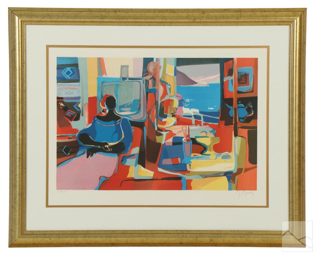 Marcel Mouly 1918-2008 French Fauvist Litho SIGNED: Marcel Mouly (French, 1918-2008). A limited edition color lithograph on paper. Titled " Atelier des Cyclades." A Fauvist style figural work, featuring strong colors in geometric forms, with a sitting
