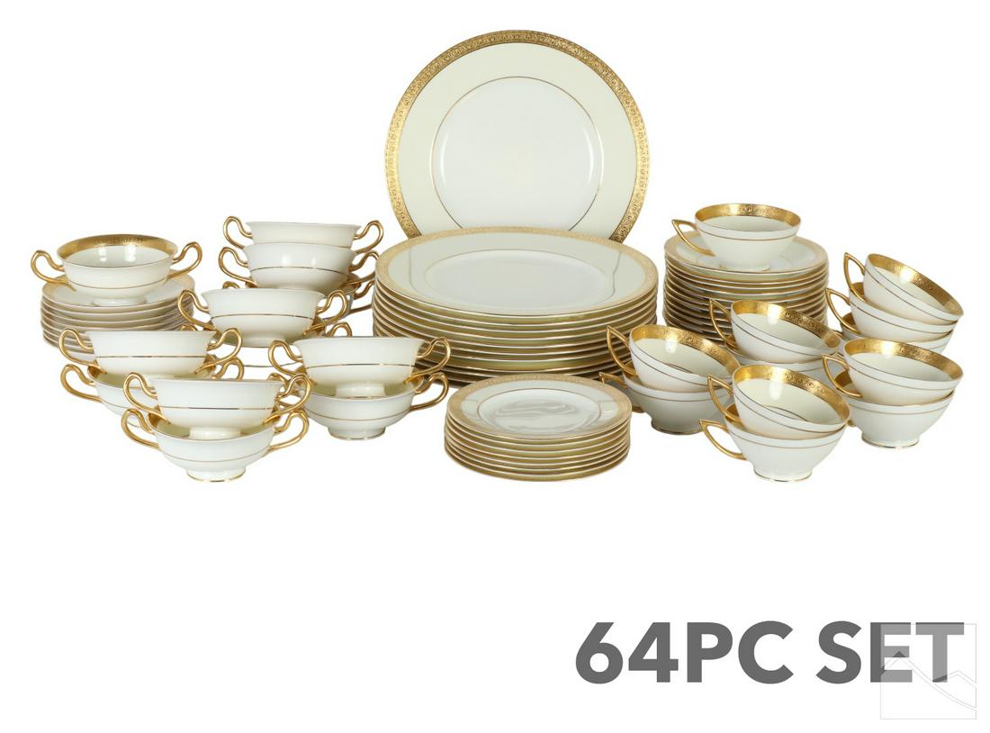 Minton English Bone China Gilt Dinnerware 64pc SET: A 64 piece tableware set of Minton English bone china, porcelain produced for Montague Bridgman. Includes: 12 dinner plates; 12 salad plates; eight (8) saucers; eight (8) bread and butter plates; 12 c