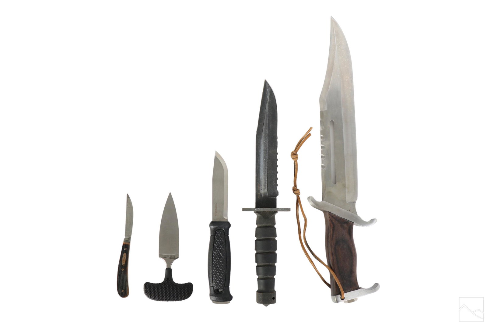 Rambo OKC Cold Steel Hunting & Survival Knife LOT: An estate collection of five (5) Hunting and survival knives. Various manufacturers and styles. Includes: one (1) officially licensed Rambo III Sylvester Stallone Signature Edition (number 6,677 of 10