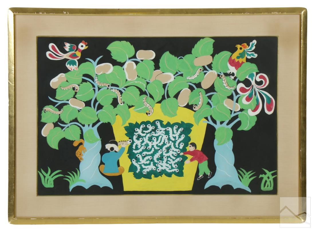 Chinese Folk Art Silkworm Farm Landscape Painting: Mystery Artist (20th Century, or possibly earlier). An original oil painting on paper. A figural folk art landscape scene depicting silkworms amidst a profusion of cocoons, mulberry leaves, and tree f