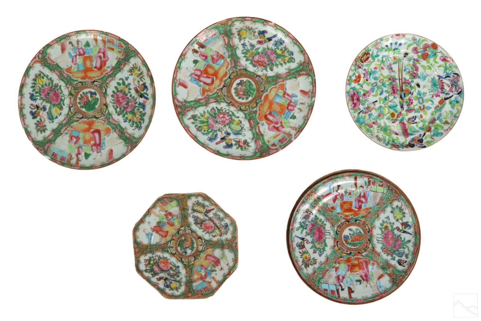 Chinese Antique Rose Medallion Porcelain Plate LOT: A collection of (9) hand painted 19th century antique Chinese Famille Rose Rose Medallion porcelain plates. Includes: (2) 7" octagonal plates with floral and figural panel designs; (5) 8" round plates