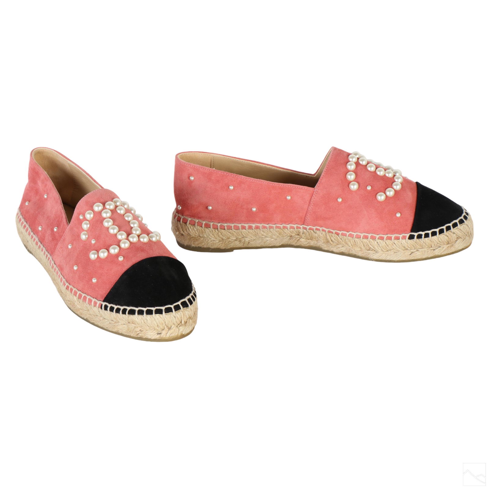 Chanel Paris Designer Pink Espadrille Loafer Shoes: A pair of Chanel ladies designer espadrille loafer moccasin shoes, produced in Spain. Pink suede leather exteriors with black velvet toe tips, and sisal hemp borders, with textured rubber soles. Desig