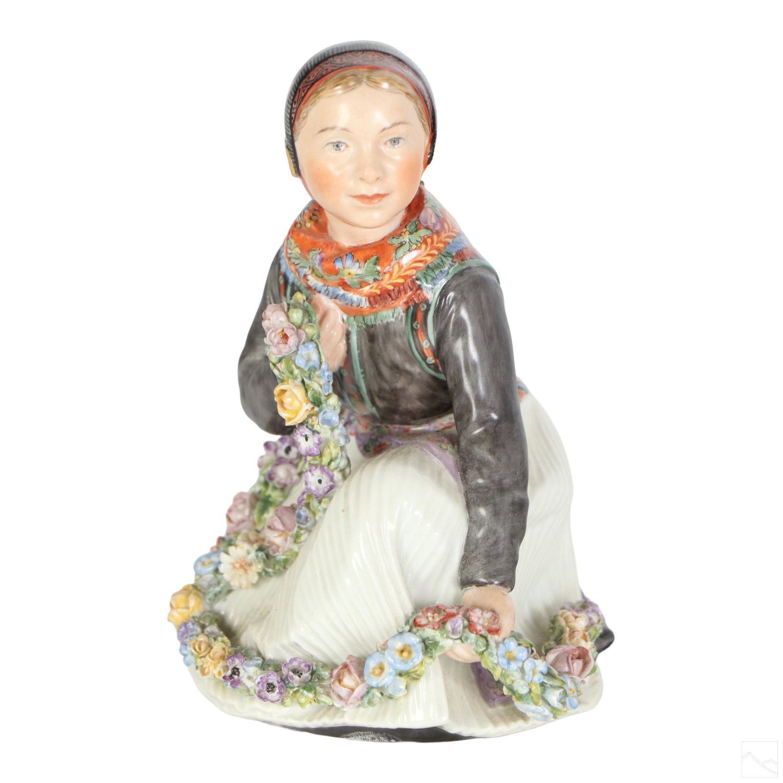 Royal Copenhagen Porcelain Amager Girl Figurine: An antique early 20th Century Royal Copenhagen Danish porcelain Amager Girl figurine by ceramicist Carl Martin Hansen (1877-1941). A figural work depicting a young Danish girl figure in traditional co
