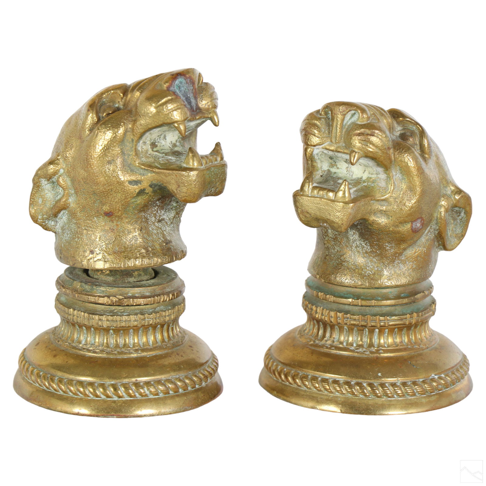 Sherle Wagner Style Bronze Panther Head Door Pulls: A pair of designer cast bronze panther head door pulls, produced in the style of Sherle Wagner. Manufactured for a set of double doors. Highly detailed great cat forms with open mouths, bared teeth, a