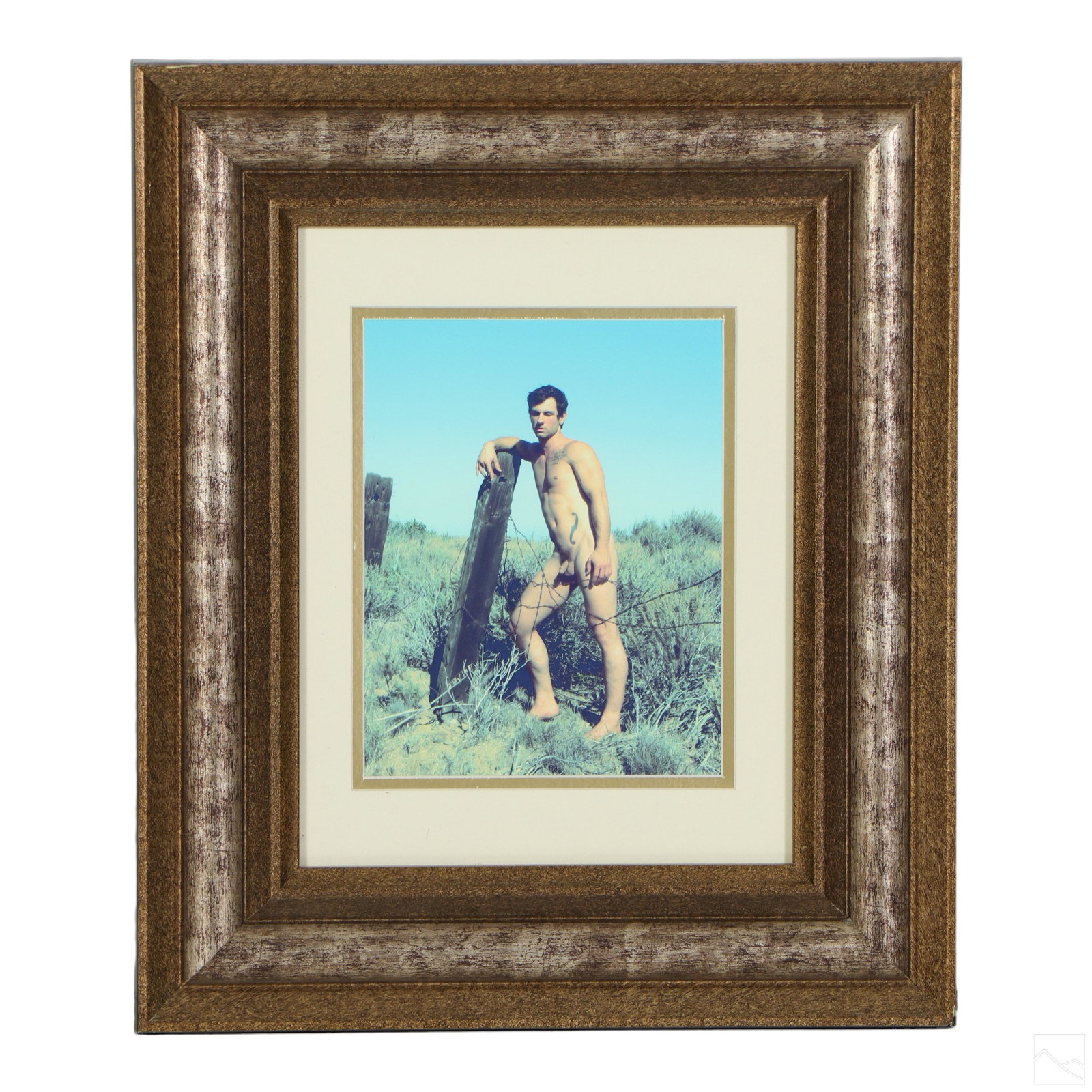 Tim Ray Fisher b.1969 Nude Figural Portrait Photo: Tim Ray Fisher (American, born 1969). An original photographic test print. Titled, "Johnathan." A figural work depicting a nude male figure in a rural landscape. Titled on label affixed to verso TEST 