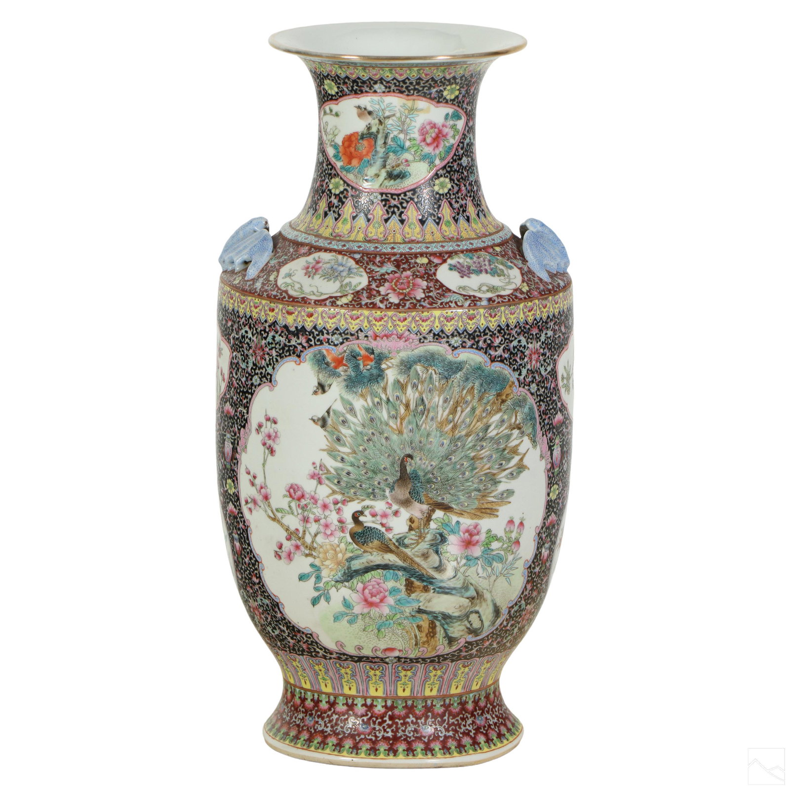 Chinese Famille Rose Porcelain Bats and Birds Vase: An antique Chinese Famille Rose porcelain vase. Featuring beautifully painted flower and pheasant birds with long tails, with trees, set within medallions over a black and swirling red with pink lotus