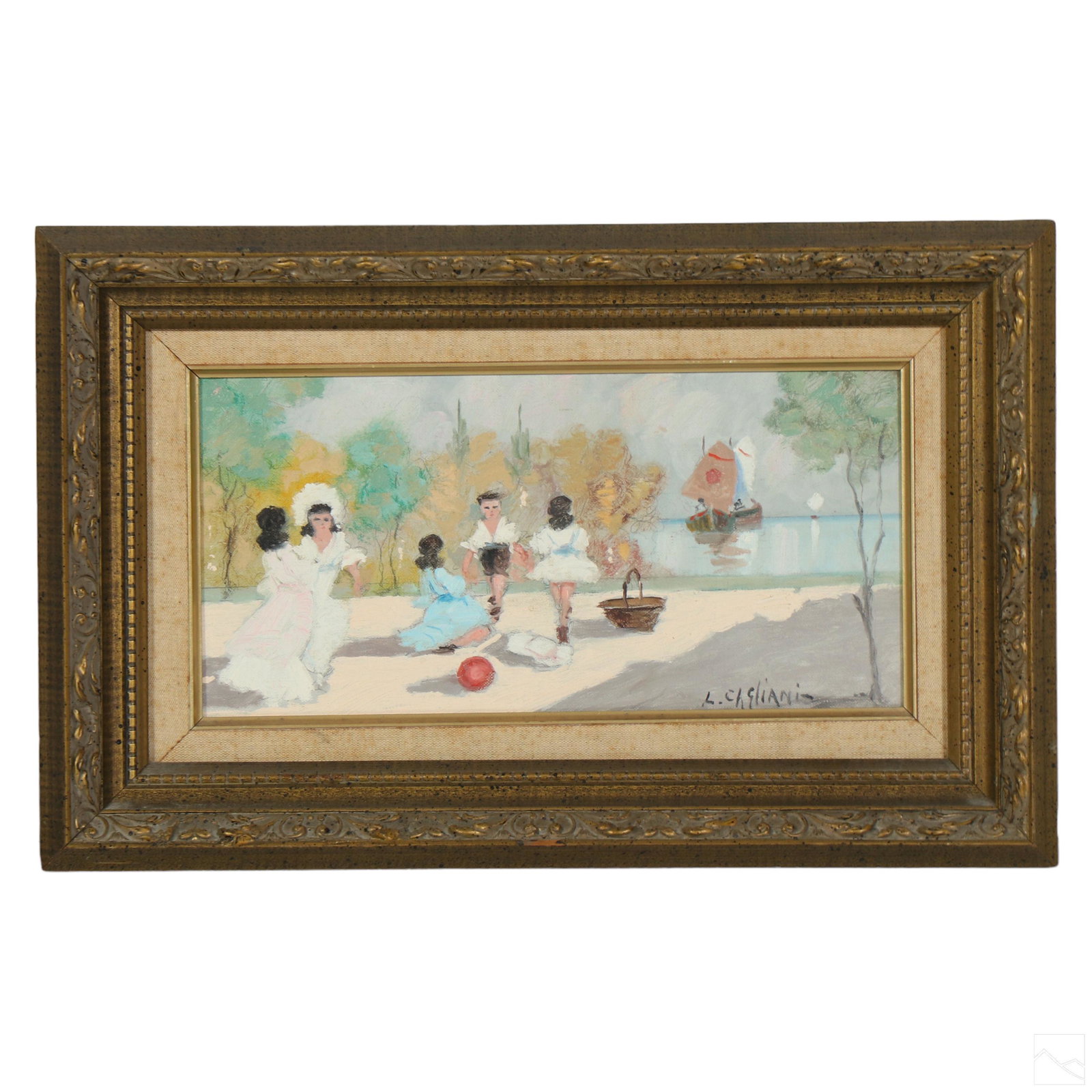 Luigi Cagliani 1910-1987 Figural Park Oil Painting: Luigi Cagliani (Italian, 1910-1987). An original oil painting on canvas. An Impressionist work depicting a figural park landscape with female and child figures at play, and water, a sail boat, trees, 