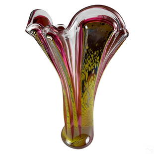 Richard Royal b.1952 Modern Studio Art Glass Vase: Richard Royal (American, born 1952). An original studio art glass vase. A large Modernist abstract design in lavender, Key lime green, and clear glass, evoking a massive floral form. Artist signature