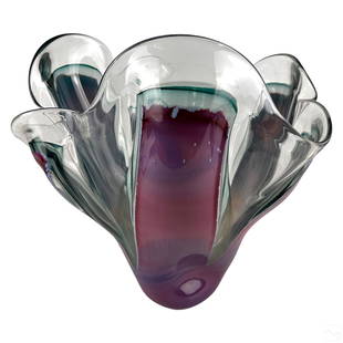 Richard Royal b.1952 Modern Studio Art Glass Vase: Richard Royal (American, born 1952). An original studio art glass vase. A large Modernist abstract design in lavender, blue gray, and clear glass, evoking a massive floral form. Artist signature and d