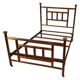 Brass Modern Designer Full Sized Bed Frame & Slats: A vintage multi-tone brass full sized designer bed frame. Modernist Industrial design, with frame capped to corners in rounded toppers. Includes headboard (55" x 54" x 4"), and footboard (36" x 54" x