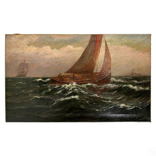 Xanthus Smith 1839-1929 Antique Seascape Painting: Xanthus Russell Smith (American, 1839-1929). An original antique oil painting on canvas. A figural ocean landscape depicting mariner figures in a small sailing boat, surrounded by crashing waves, and