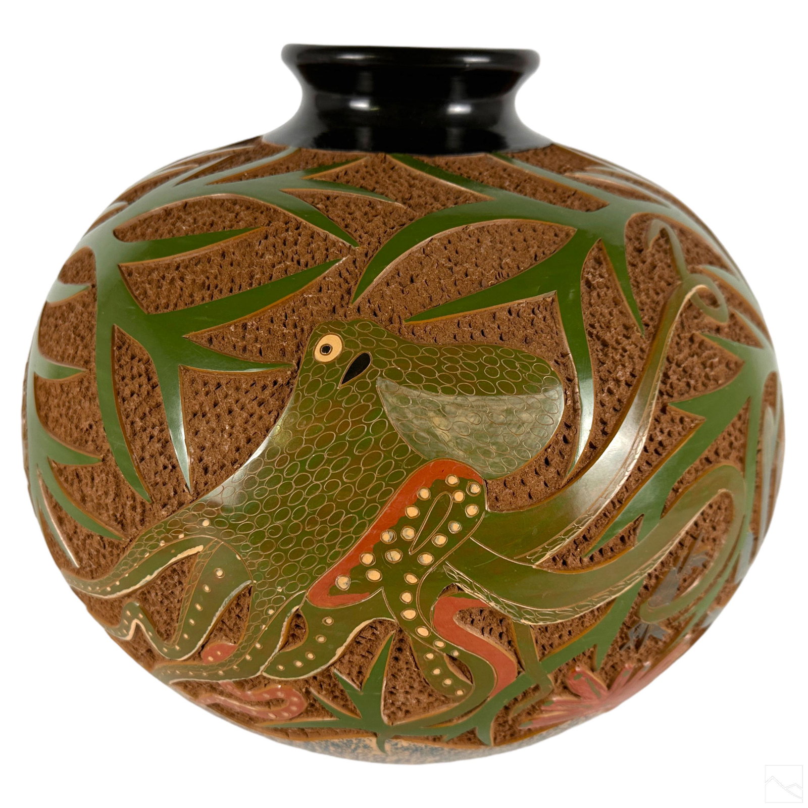 Emmanuel Maldonado b.1952 Sealife Art Pottery Vase: Emmanuel Maldonado (Nicaraguan, born 1952). An original studio art pottery vase. Bulbous form body with carved encircling designs of underwater marine sea life, including a striking octopus, coral and