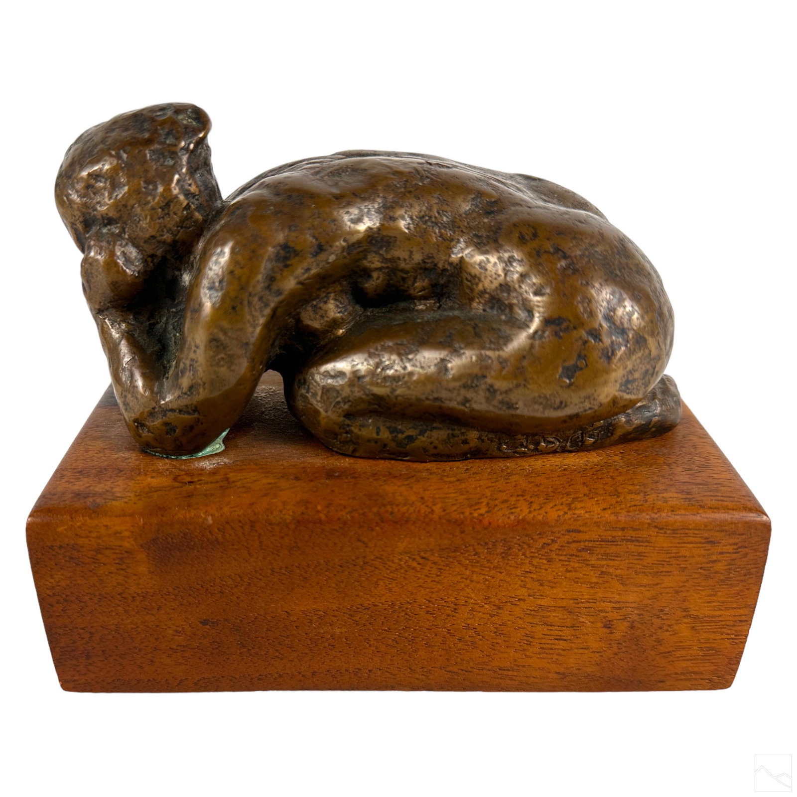 Modernist Nude Bronze Brutalist Sculpture SIGNED: A lying female bronze statue. Featured with her face resting in her hands, and her knees at the floor. Artist incised initials at rim of leg. Mounted to a wood plinth. Dimensions: 4.5 X 5.5 X 3 in. Co