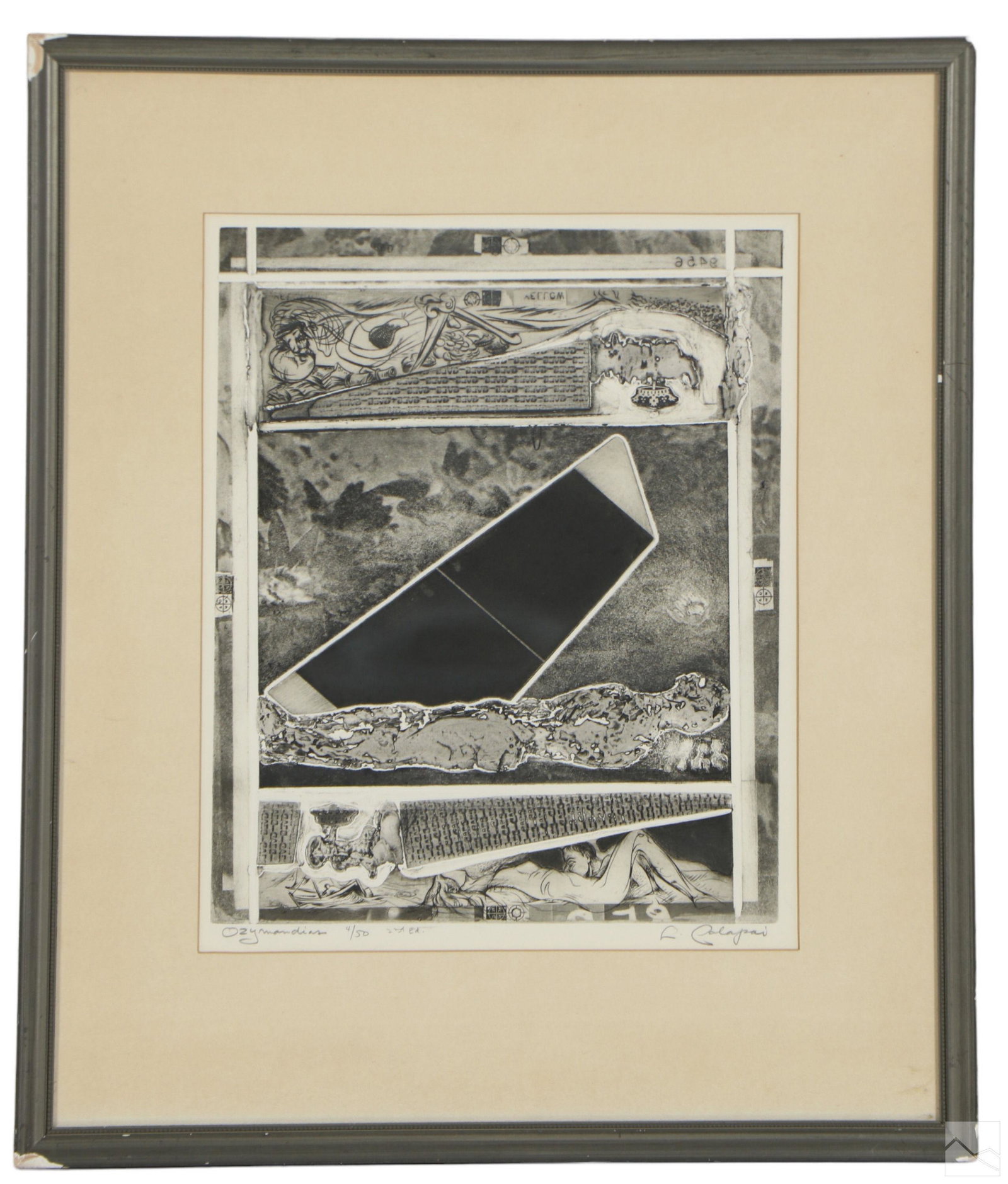 Letterio Calapai 1902-1993 Erotic Engraving SIGNED: Letterio Calapai (American, 1902-1993). A limited edition aquatint engraving, with open bite embossing, and photo plates on paper. Titled "Ozymandias." A monochrome abstract montage including an eroti
